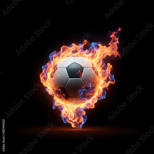 Soccer ball on fire with intense energy and fire effect, concept of sports passion, competition, power, speed and excitement of the 2026 World Cup.