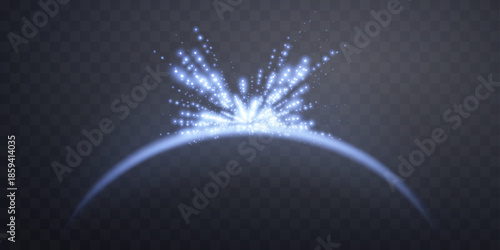 Blue magic arch with glowing particles, sunlight lens flare. Neon realistic energy flare arch. Abstract light effect on a transparent background. Vector illustration.