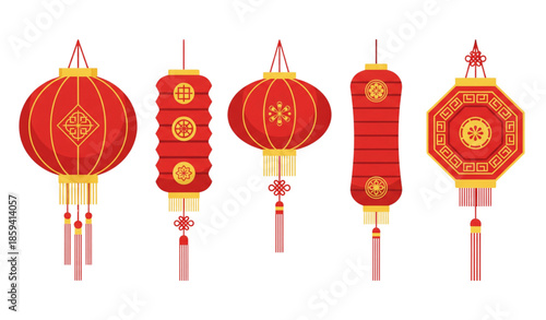 Traditional Chinese lantern vector set with red hanging festival lamps isolated on white background