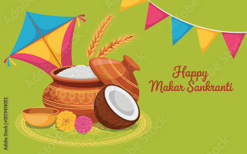A Horizontal Festival Banner for Makar Sankranti Featuring a Kite, Wheat Stalks, a Coconut, and a Decorated Clay Pot Filled with Rice on a Green Background.