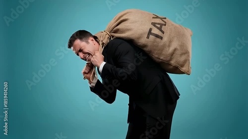 Businessman Carrying Heavy Tax Burden Sack – Financial Stress, High Taxes Concept