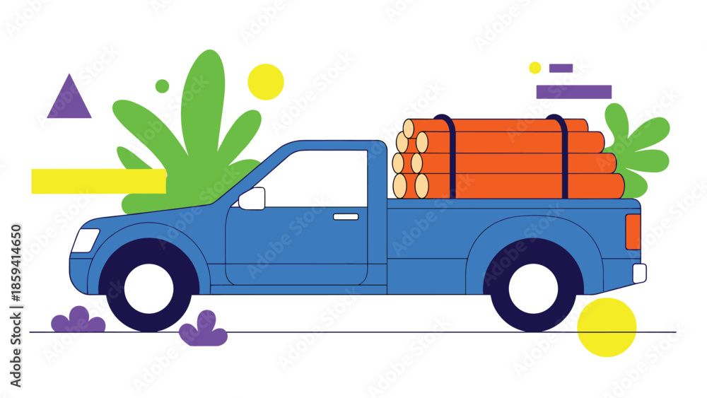 Naklejka premium Vibrant and modern illustration of a blue pickup truck carrying logs, set against a backdrop of abstract colorful shapes and plants.