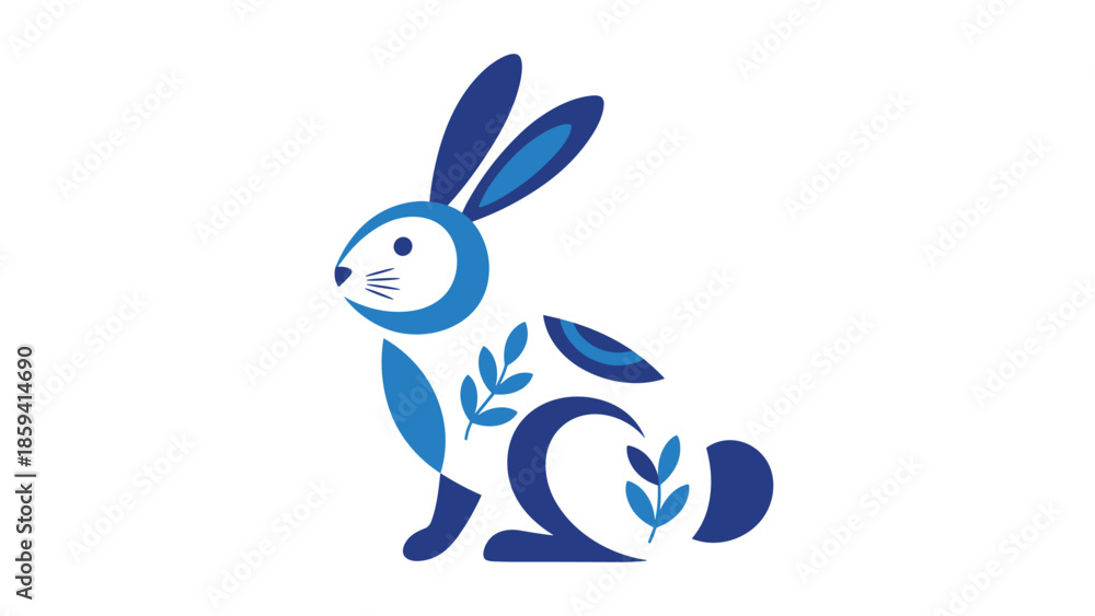 Fototapeta premium Stylized illustration of a sitting rabbit in shades of blue, decorated with geometric shapes and delicate folk art-inspired floral patterns.