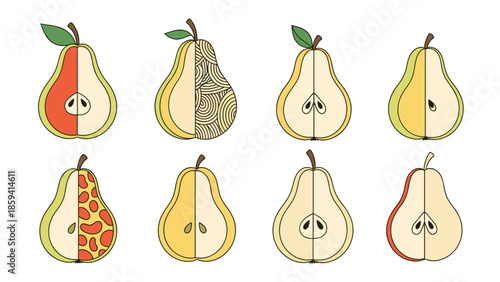 Collection of eight creatively designed pear halves, featuring various colorful patterns and textures for a unique fruit illustration set.