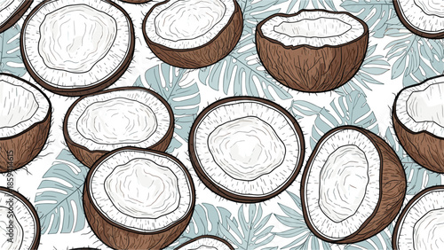 Tropical seamless pattern with detailed, hand-drawn coconuts and monstera leaves, creating a fresh and exotic summer-themed background.