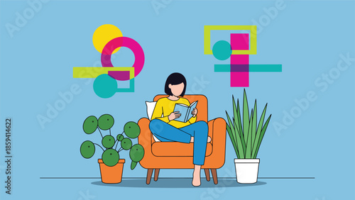 Woman relaxing in an armchair and reading a book, surrounded by house plants and abstract geometric shapes in a modern illustration.