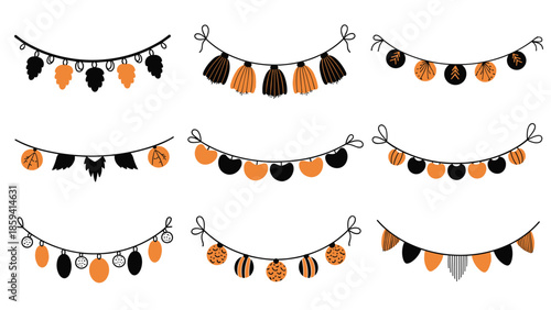 Set of nine hand-drawn autumn and Halloween-themed garlands in black and orange, featuring tassels, leaves, and patterned pennants.