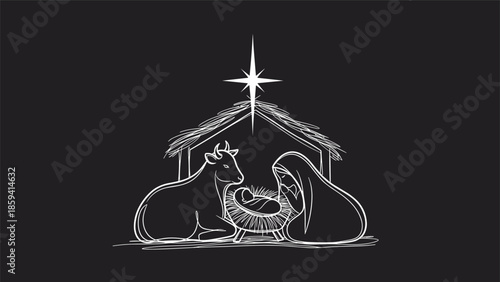 Hand-drawn nativity scene with Mary, Joseph, baby Jesus, and an ox in a stable, illustrated in a white chalk style on a black background.