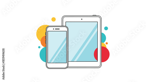 Modern flat design illustration of a smartphone and tablet, with colorful abstract circles in the background on a clean white surface.