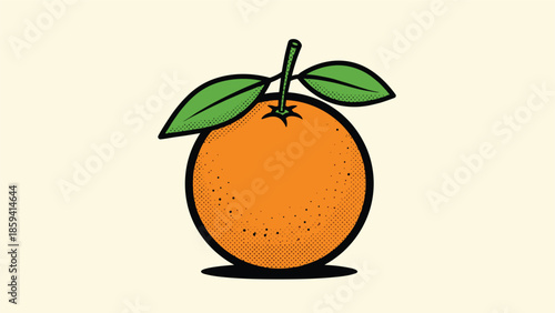 Retro-style illustration of a whole orange fruit with two green leaves, featuring a classic comic book dot texture on a light background.
