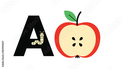 Cute and educational alphabet illustration for the letter A, featuring a friendly caterpillar on the letter and a corresponding red apple slice.