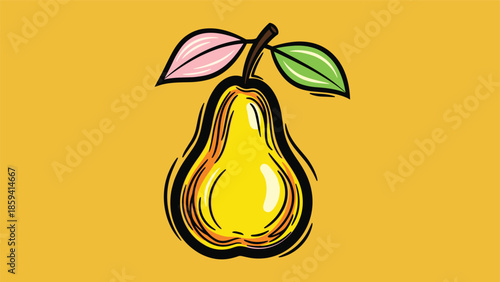 Vibrant and expressive brush stroke style illustration of a ripe yellow pear with colorful leaves on a solid mustard-yellow background.