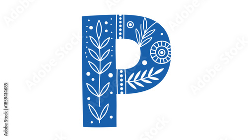 Beautifully decorated capital letter P in a folk art style, featuring intricate white floral and leafy patterns on a solid blue background.