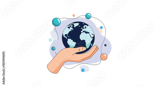 Conceptual illustration of a hand holding the Earth, surrounded by orbiting spheres, symbolizing environmental care and global connection.