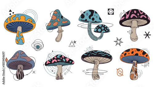 Collection of colorful and psychedelic mushrooms in a whimsical, hand-drawn style, accented with abstract geometric and cosmic elements.