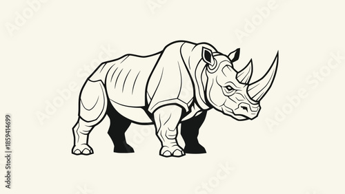 Detailed illustration of a rhinoceros, showcasing its powerful form and features in a drawing.