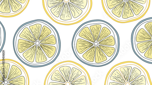 Colorful seamless pattern of hand-drawn lemon slices in yellow and blue, creating a fresh and vibrant citrus-themed background design.