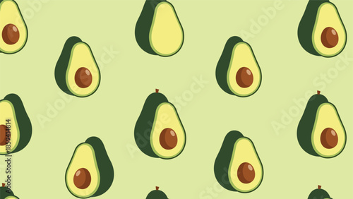 Seamless pattern of cute, stylized avocado halves with shadows, creating a simple and modern food-themed background on a light green base.