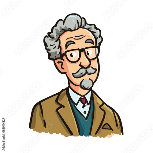 Cartoon illustration of an elderly professor with grey curly hair, glasses, and a mustache, wearing a brown jacket and smiling gently in a friendly, intellectual portrait