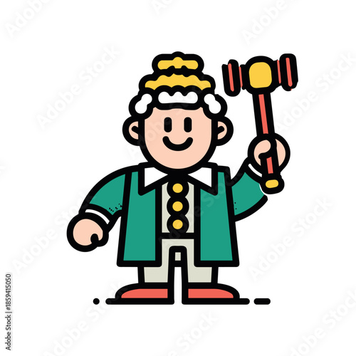 Friendly cartoon judge character in a traditional wig and green robe holds a gavel, rendered as a simple flat icon with bold outlines and a cheerful smiling expression