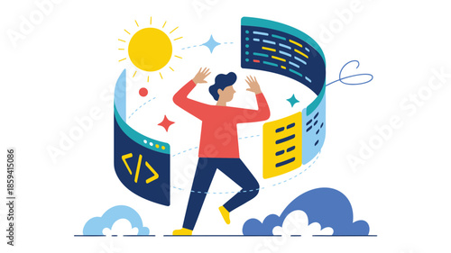 Programmer coding with enthusiasm surrounded by coding symbols and clouds in a vibrant illustration