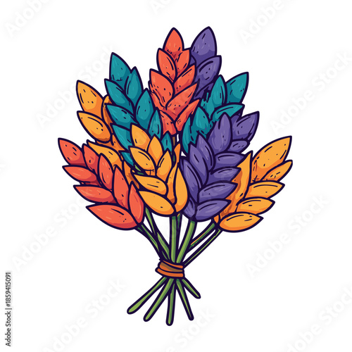 Colorful bouquet of stylized wheat ears in orange, purple, and teal is tied together with a band in a vibrant, hand-drawn cartoon illustration with a bold outline