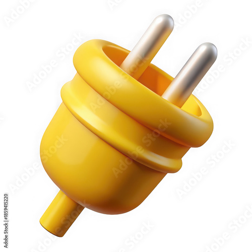 Bright yellow electrical plug ready for connection isolated on transparent background