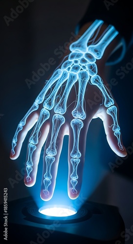 Futuristic X-ray of Human Hand with Glowing Bones.