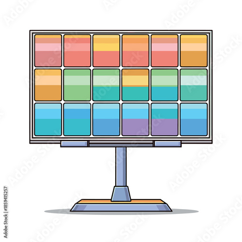 Colorful cartoon solar panel illustration on a stand with vibrant, multicolored photovoltaic cells representing clean, renewable energy and sustainable technology in a flat vector style