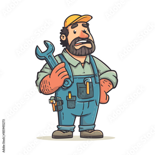 Cartoon mechanic character with a beard wearing blue overalls and a yellow cap holds a large wrench with a thoughtful expression in a hand-drawn illustration style