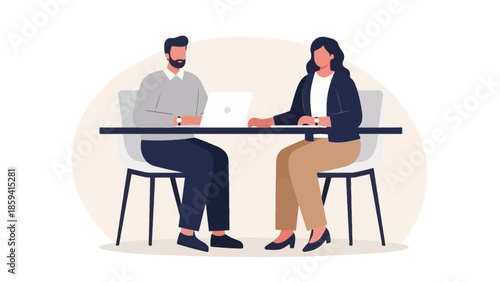 Business meeting between a man and woman working together at a desk in a professional setting
