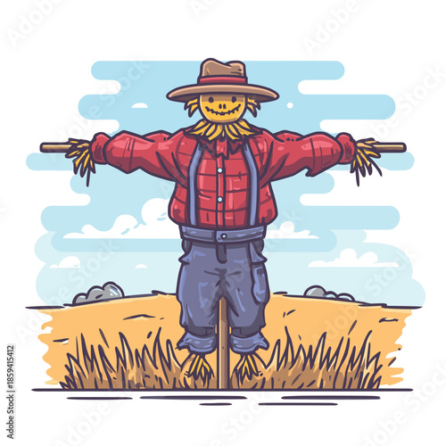 Friendly cartoon scarecrow with a stitched smile stands in a rural field wearing a red plaid shirt, blue suspenders, and a brown hat in a charming vector illustration style
