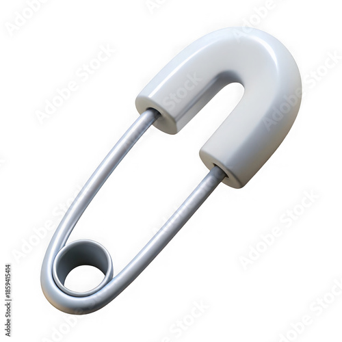 Single white safety pin with metal loop isolated on transparent background