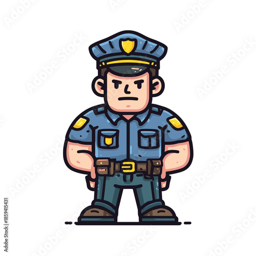 Cartoon police officer character illustration standing with a serious expression in a blue uniform, hat, and badge, representing law enforcement and authority in a flat vector style