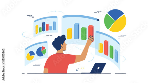 Man analyzing colorful bar charts and pie graphs on digital screens with laptop nearby, data visualization concept