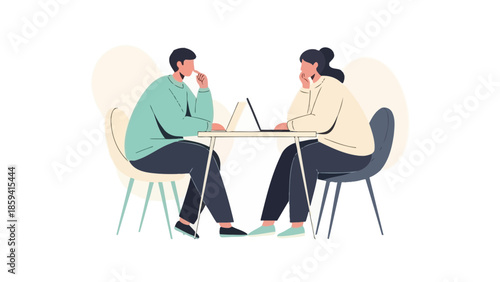 Business Meeting or Interview Between Two Professionals Using Laptops in a Modern Office Setting