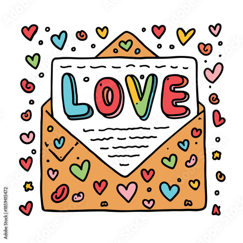 Colorful hand-drawn love letter illustration in an open envelope with the word love and cute hearts, a romantic doodle for a Valentine's Day greeting or message