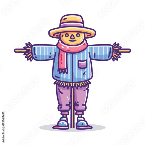 Friendly cartoon scarecrow wearing a hat and scarf stands with arms outstretched in a cute, colorful vector illustration style for autumn and Halloween concepts