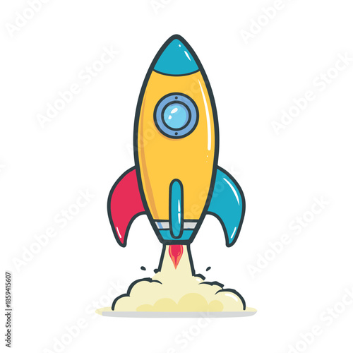 Colorful cartoon rocket ship launching upwards with flames and smoke from its engine, symbolizing a business startup, innovation, and rapid progress in a flat vector style
