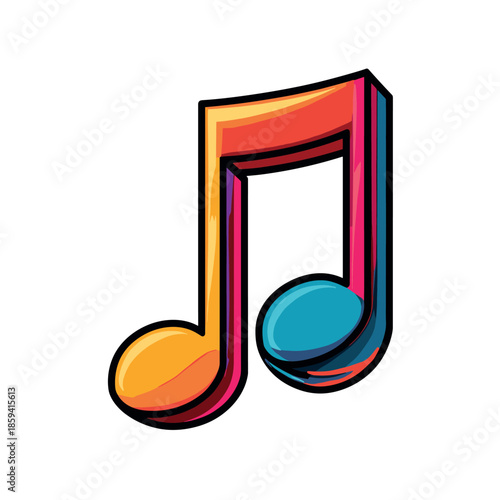 Colorful three-dimensional musical eighth note icon with a bold black outline features vibrant gradient colors in a playful, cartoonish style representing melody and sound
