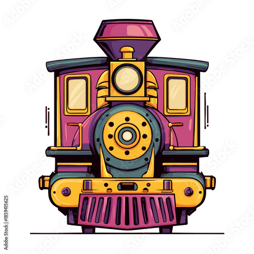 Colorful cartoon steam locomotive train illustration with a direct front view perspective and whimsical design, featuring vibrant purple, yellow, and teal colors in a playful, retro style