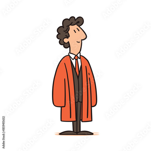 Cartoon man in an orange academic gown and formal suit stands proudly looking up with a gentle smile in a simple, hand-drawn illustration with a thick outline