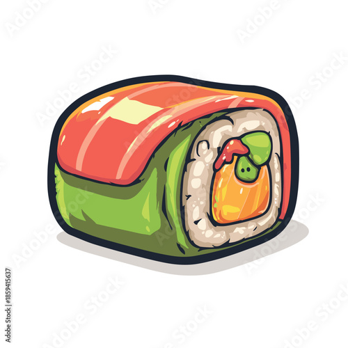 Single colorful cartoon sushi roll illustration with salmon, avocado, and rice, drawn in a bold, graphic vector style with a thick black outline and glossy highlights