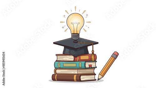 Education concept with books, graduation cap, pencil, and light bulb.