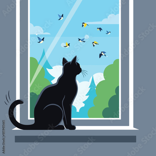 Black cat sitting on windowsill looking outside.