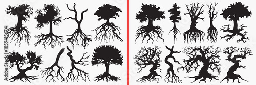tree with roots silhouettes vector, nature tree clipart, botanical root svg, forest illustration, rooted tree graphics, black tree silhouettes, landscape vector art, ecology design, tree root collecti