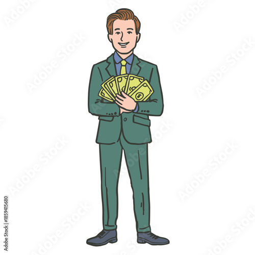 Smiling cartoon businessman in a green suit stands holding a large fan of cash banknotes, representing financial success, wealth, profit, and personal income
