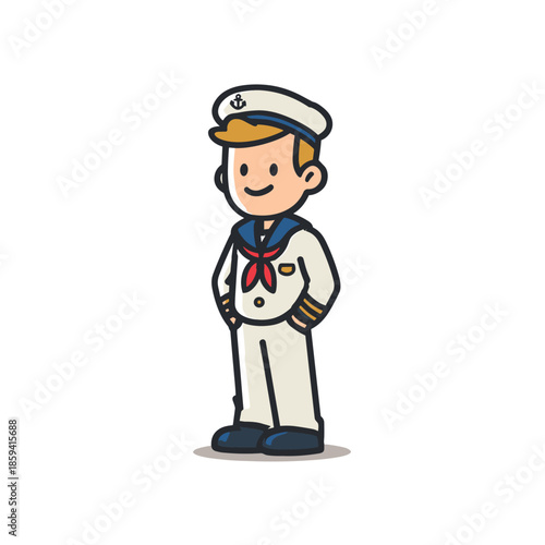 Cute cartoon sailor boy character in a traditional white naval uniform with a captain's hat featuring an anchor emblem stands smiling with hands in his pockets