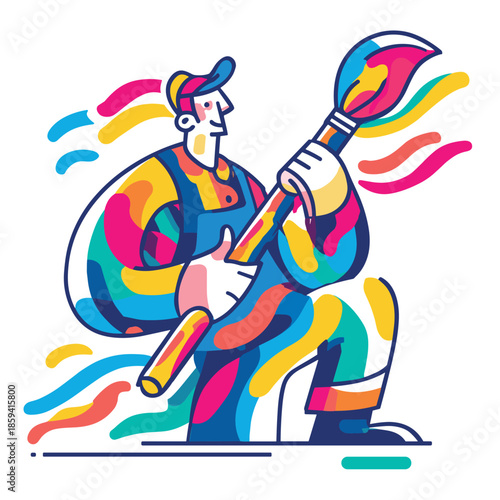 Colorful abstract illustration of a painter in overalls holding a large paintbrush with dynamic, vibrant strokes of paint, rendered in a modern, graphic vector art style