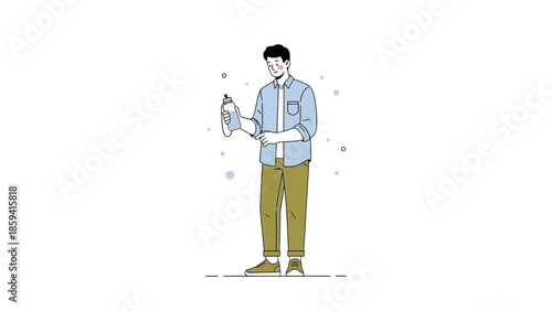 Cartoon Illustration of a Man Using Hand Sanitizer for Hygiene and Safety